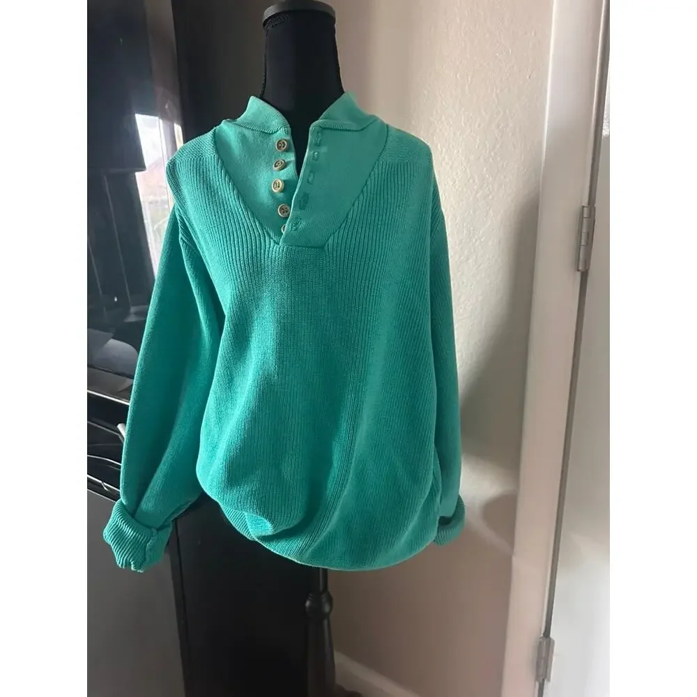 Vintage 80s Lands End Made in USA Cotton Henley Sweater Emerald Green XL Long